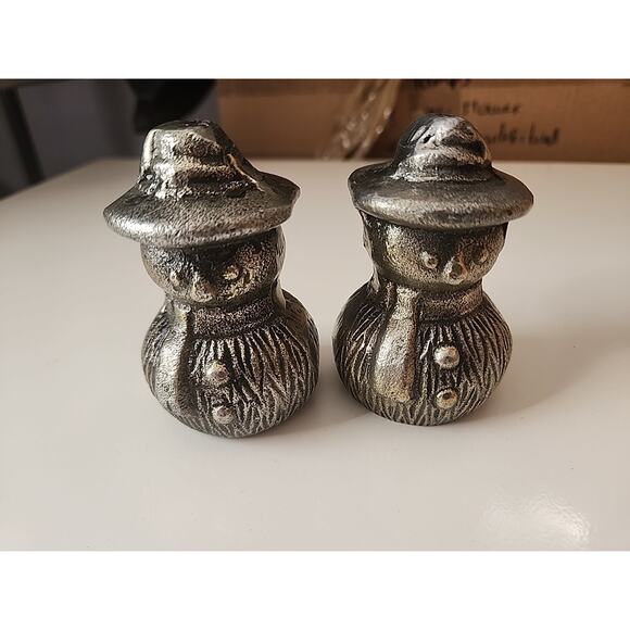 Vtg SilverTone Metal Heavy Snowman Salt Pepper Shakers Christmas Decor - Picture 1 of 4